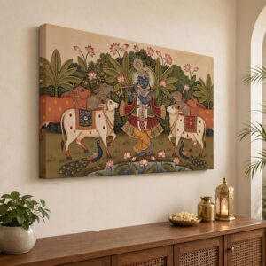 SoulAbiti Shrinathji Shreenathji Pichwai Canvas Painting, Traditional Krishna Wall Art with Cows & Lotus, Ready to Hang Stretched Canvas for Living Room, Pooja Room & Home Decor